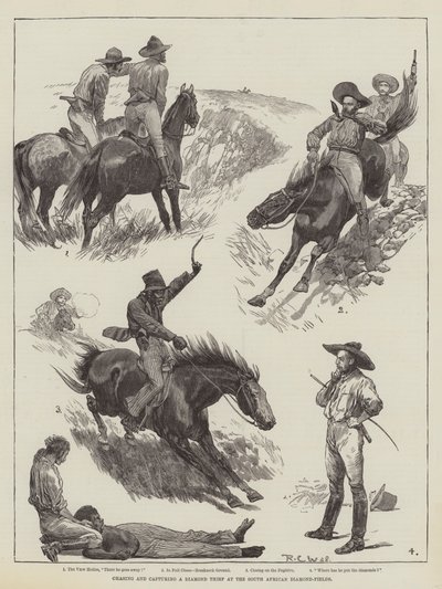 南アフリカのダイヤモンドフィールズでダイヤモンド泥棒を追いかけて捕獲する 作： Richard Caton Woodville junior